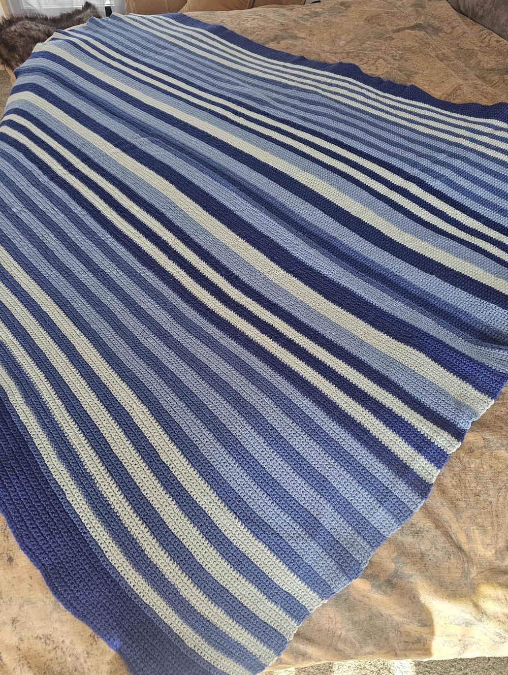 Vintage Blue Crochet Afghan Throw Blanket Grannycore Stripe Large 72x50